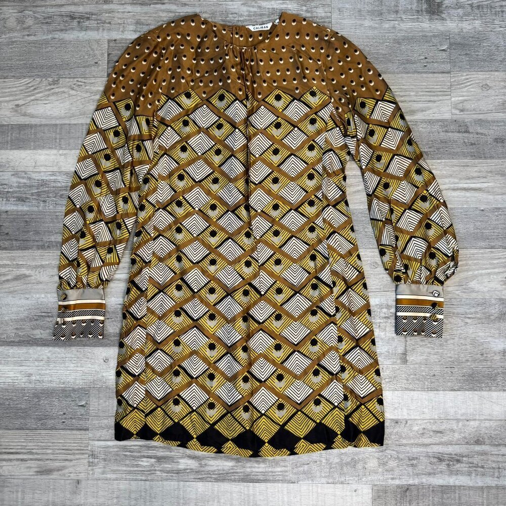 Caliban Brown Diamond Pattern Long Sleeve Shift Dress C18